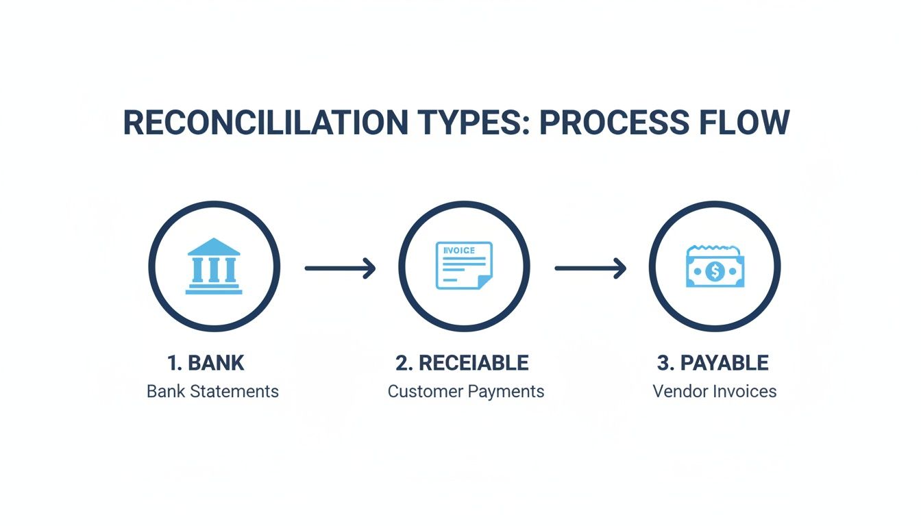 A process flow diagram illustrating three reconciliation types: Bank, Receivable, and Payable, with corresponding documents.