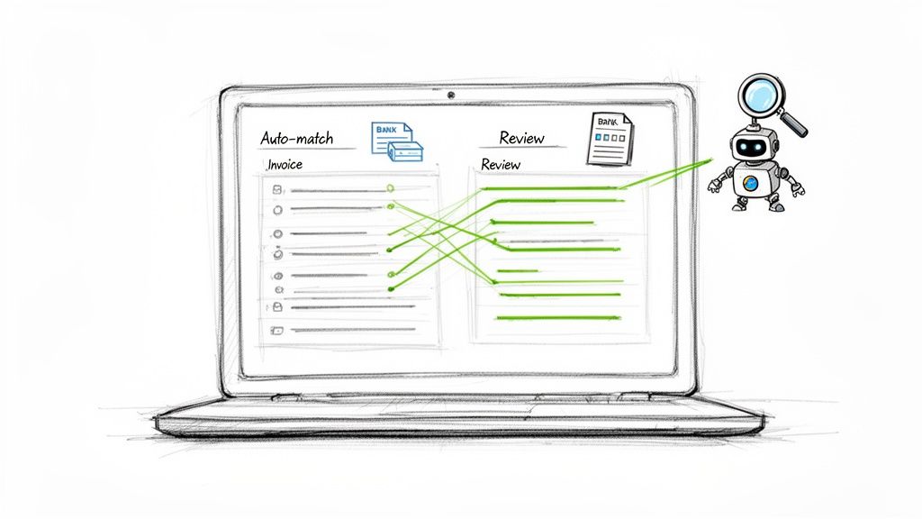 Illustration of a robot overseeing automated invoice and bank record matching on a laptop screen for review.