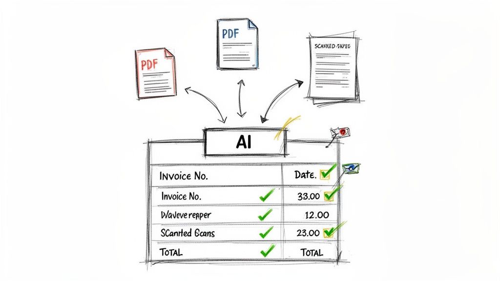 AI system processing various document types to extract invoice data and financial totals.