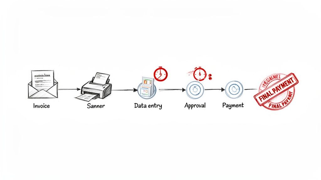 A sketch illustrating the accounts payable process from invoice reception, scanning, data entry, approval, to final payment.