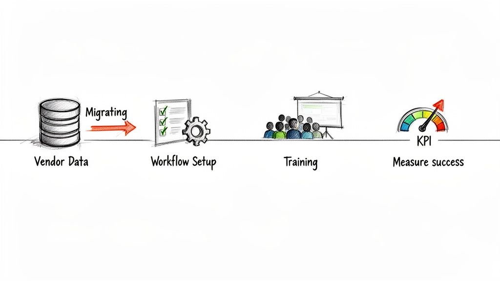 A four-step diagram showing vendor data migration, workflow setup, training, and KPI measurement for success.