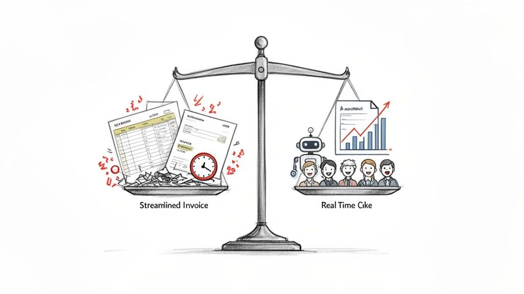 A scale compares chaotic manual invoice processing with a clock against efficient automated AP with a robot, team, and analytics.