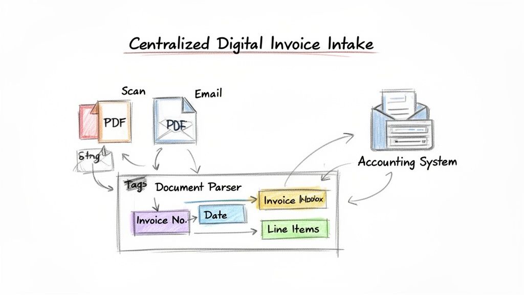 Diagram illustrating a centralized digital invoice intake system, showing scanning, email, parsing, and integration with an accounting system.