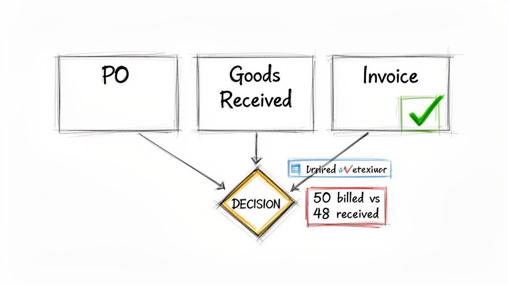 Flowchart detailing the accounts payable process from purchase order, goods receipt, to invoice and decision.