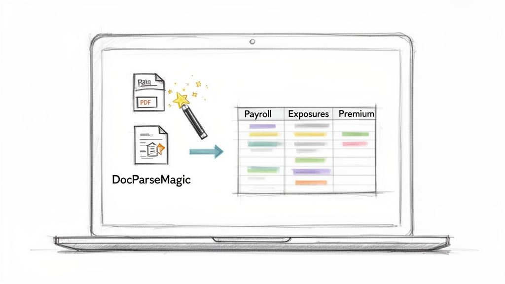 An illustration on a laptop shows DocParseMagic transforming PDF and data files into a structured table with payroll, exposures, and premium data.