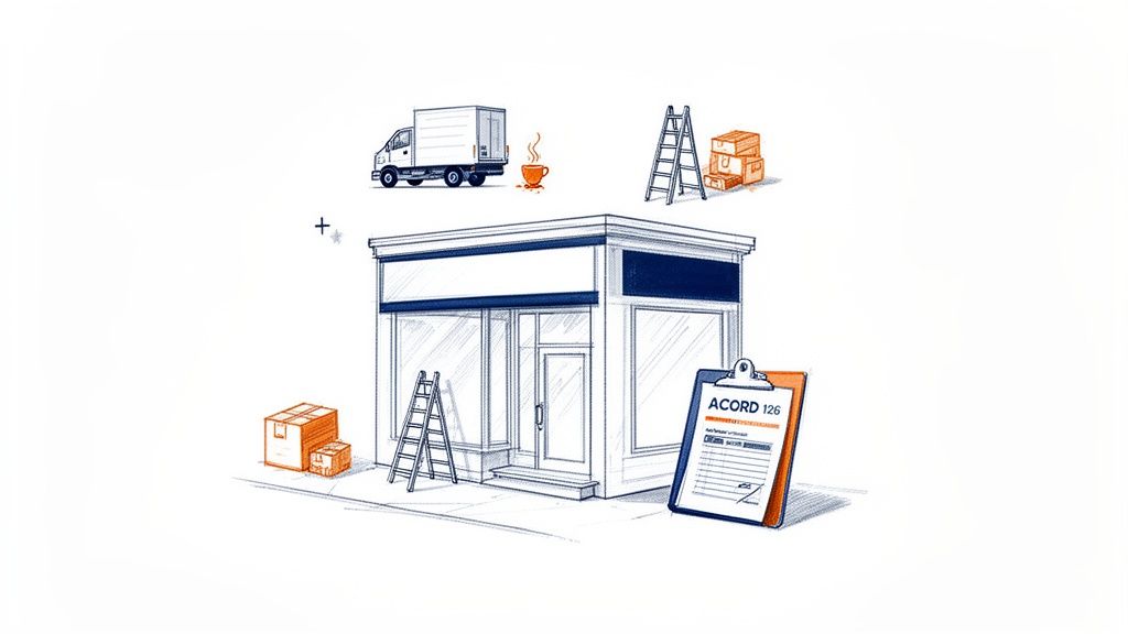 Sketch of a new storefront with a delivery truck, boxes, ladders, and an ACORD 126 insurance form.