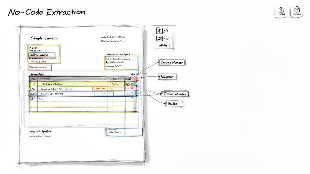 A visual demonstration of a no-code data extraction system applied to a sample invoice document.