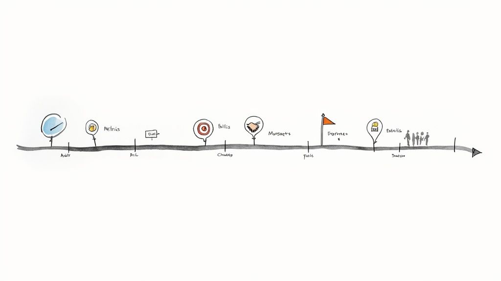 A hand-drawn business timeline illustrating a process with icons for Audits, Metrics, Bills, Markets, and Social stages.