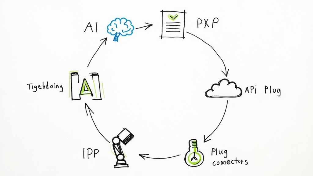 A circular diagram illustrating an automated workflow involving AI, PXP, API, plug connectors, and IPP.