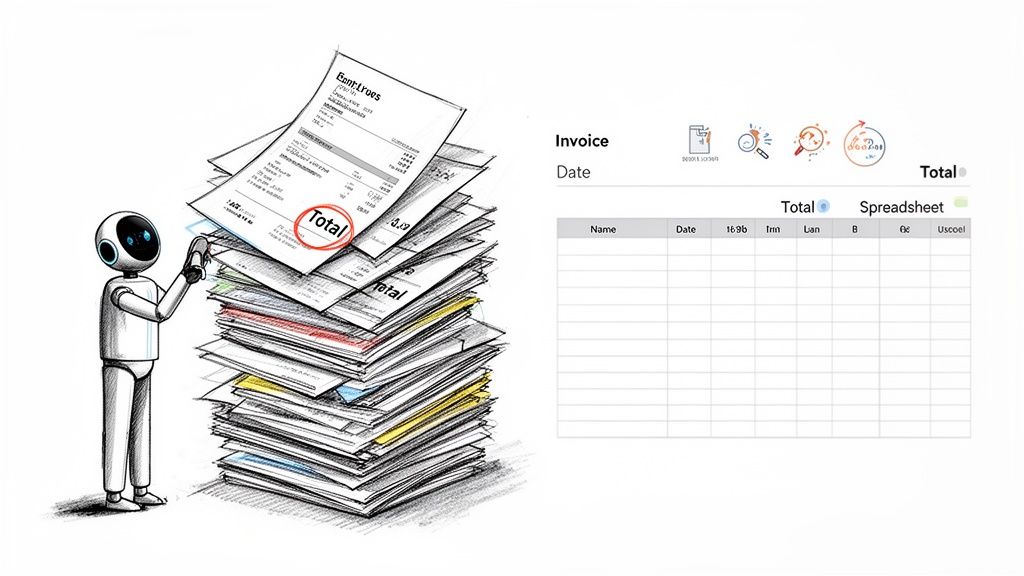 A robot processes a large stack of paper invoices, extracting data into a digital spreadsheet.