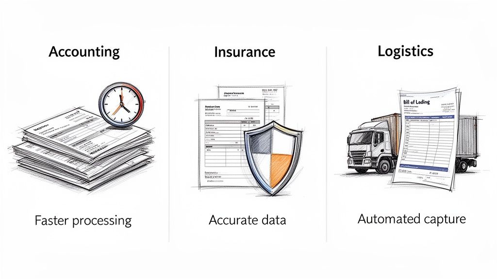 Three panels showing document processing for accounting, insurance, and logistics, emphasizing speed and accuracy.