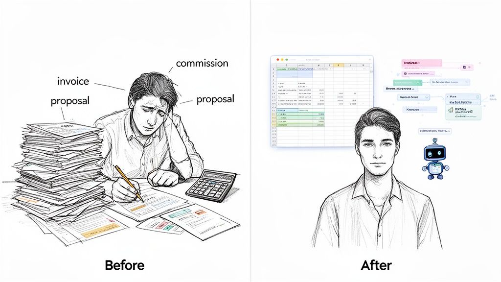 Illustration contrasting a stressed person manually processing documents with a calm person using automated software and a robot.