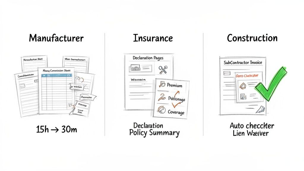 Diagram illustrating automated document processing for manufacturers, insurance, and construction, reducing manual effort and time.
