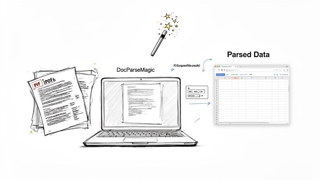Illustration shows DocParseMagic transforming PDFs into structured, parsed data within a spreadsheet.
