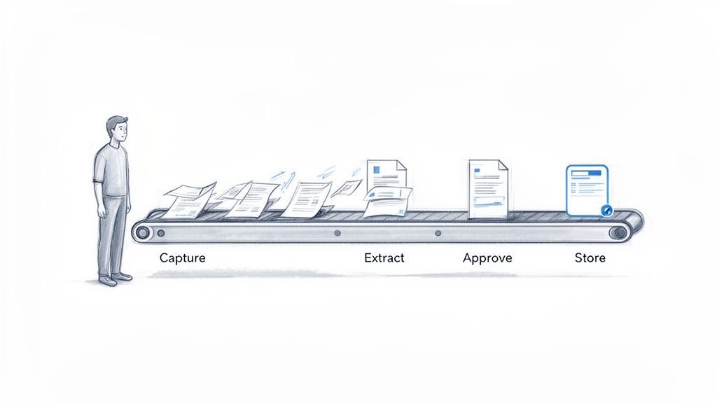 An illustration of a man observing an automated document workflow on a conveyor belt.