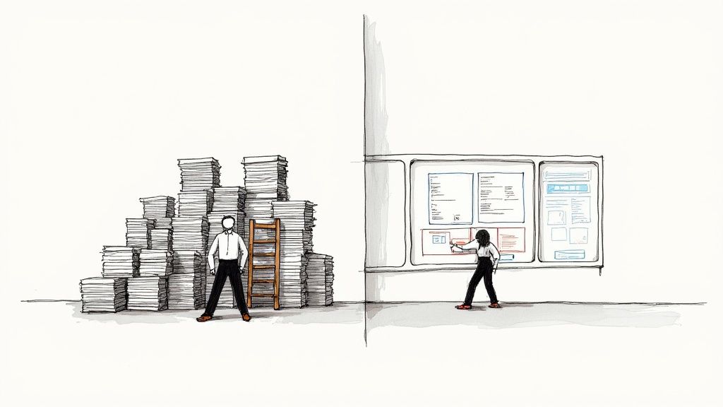 A person using a laptop with invoices on the screen, showing the transition to digital processing.