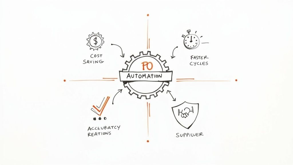 Diagram showing 'PO Automation' at the center, with benefits like cost saving, faster cycles, accuracy, and improved supplier relationships.