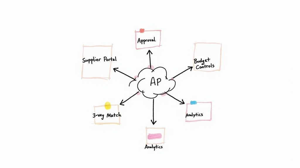 An Accounts Payable (AP) system diagram showing connected modules for approval, budget, analytics, and matching.