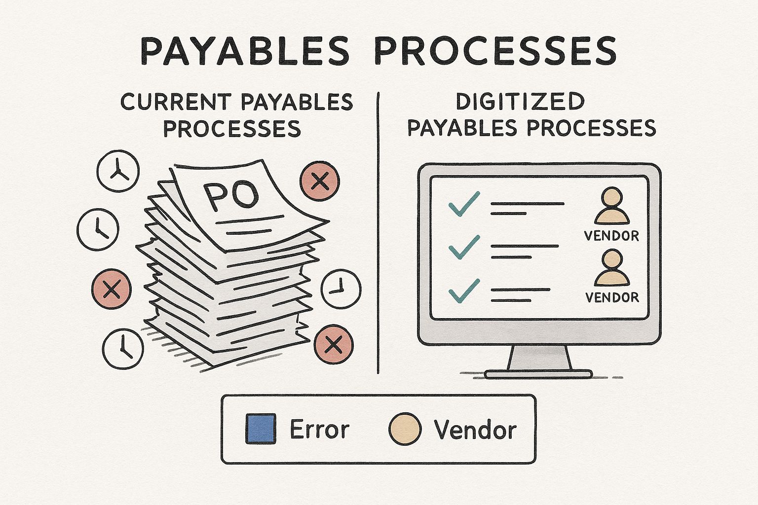 Infographic comparing a messy manual purchase order process with a clean automated one