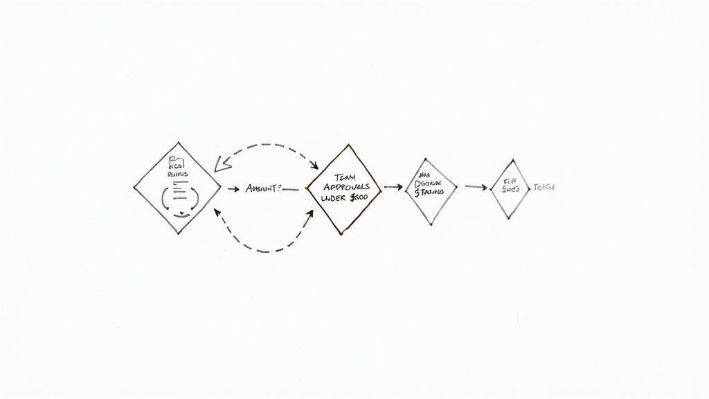 Screenshot from https://docparsemagic.com/features/workflow-builder showing the workflow builder interface with nodes and connecting lines, representing a logical flow for document processing and approvals.