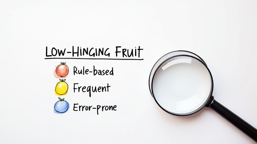 Low-hanging fruit concept diagram showing rule-based, frequent, and error-prone categories with magnifying glass