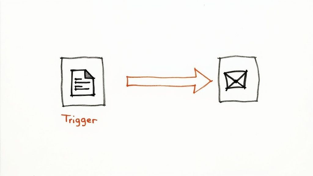 Diagram showing document with list triggering workflow arrow pointing to email icon representing automation process
