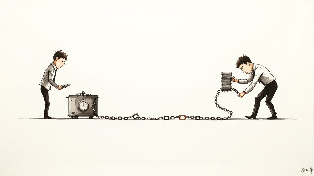 Two professionals pulling chain connected to time vault symbolizing struggle with repetitive manual tasks