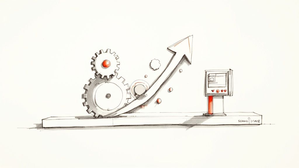 Mechanical gears and upward arrow illustrating automated business growth and efficiency improvement system