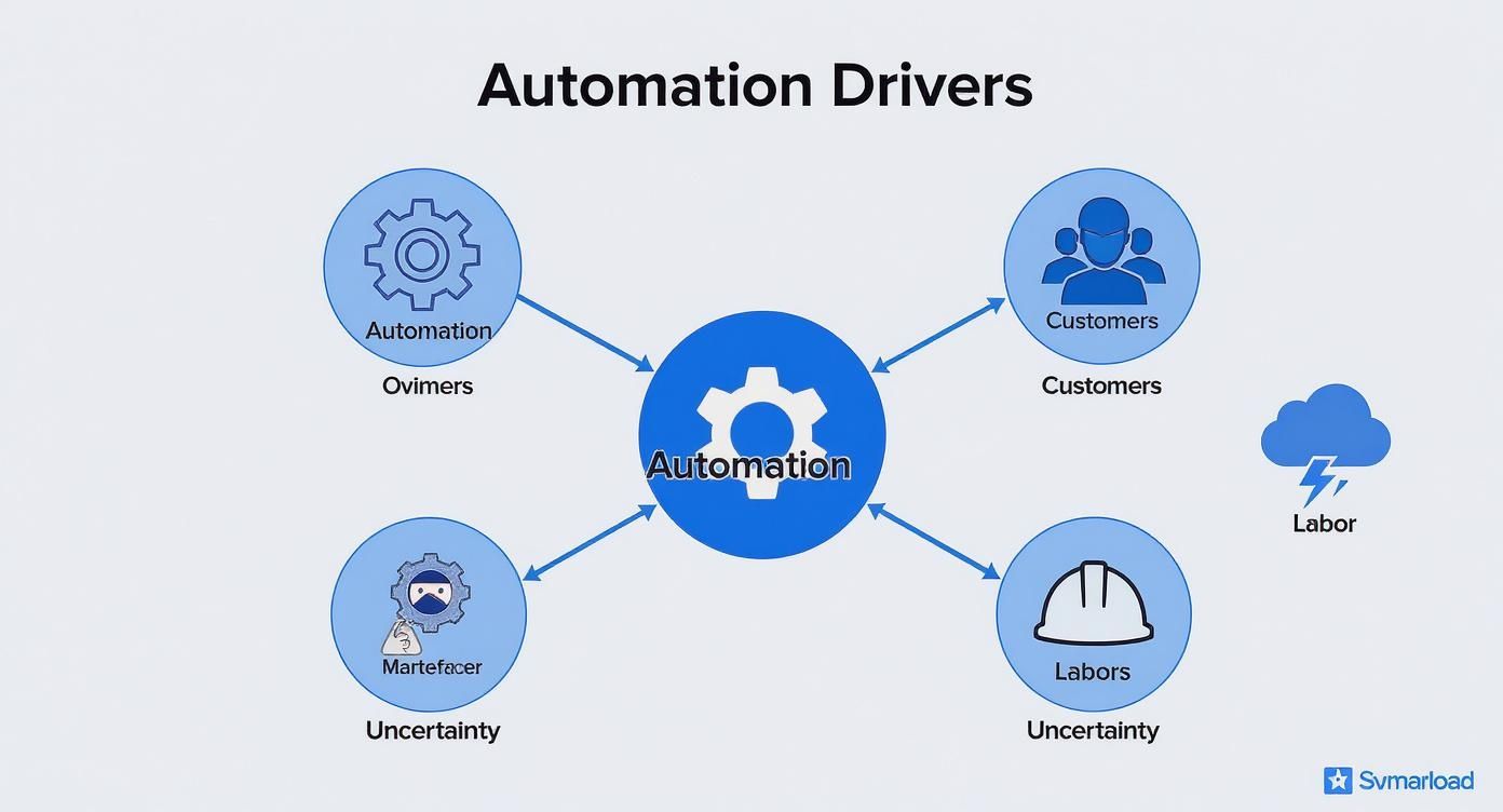 A diagram titled 'Automation Drivers' showing factors like customers, labor, and uncertainty impacting automation.