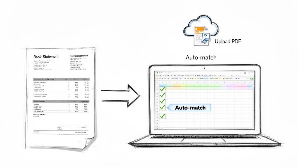 Diagram illustrating a bank statement uploaded and auto-matched on a laptop spreadsheet.