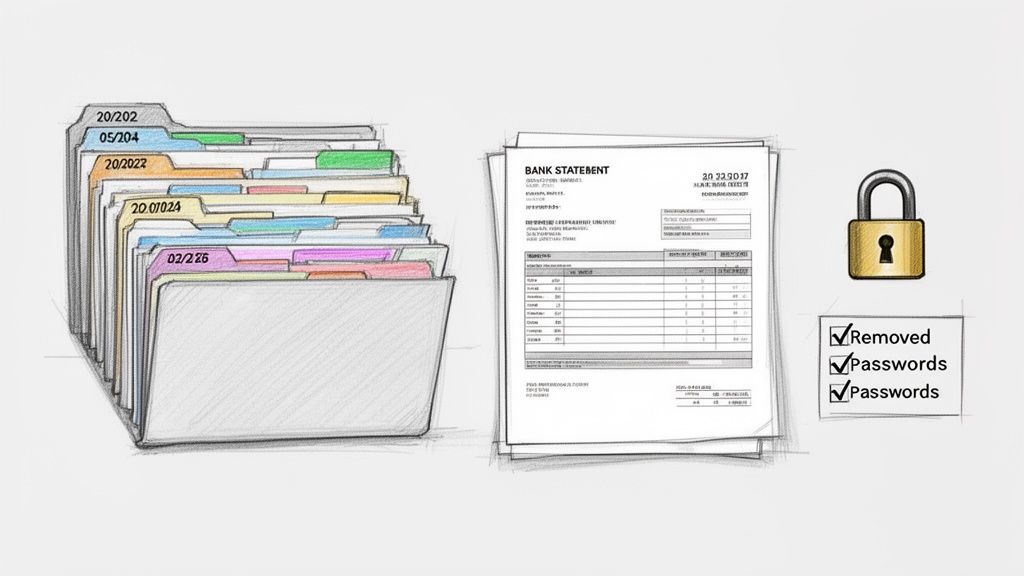 Illustration of organized file folders, a bank statement, a padlock, and a checklist regarding passwords.