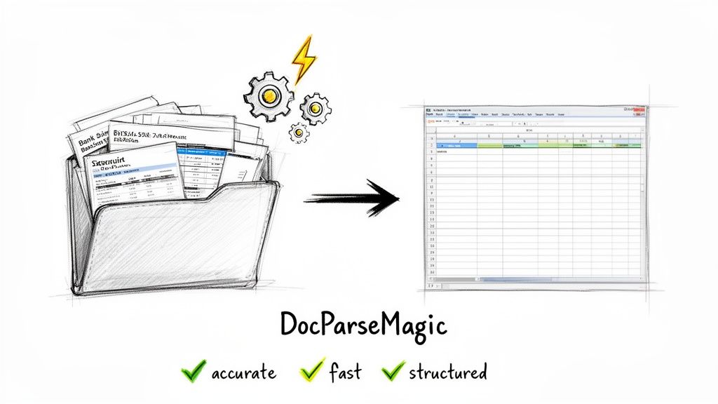 A folder of bank statements transforming into a structured spreadsheet with gears and lightning, powered by DocParseMagic for accurate and fast processing.