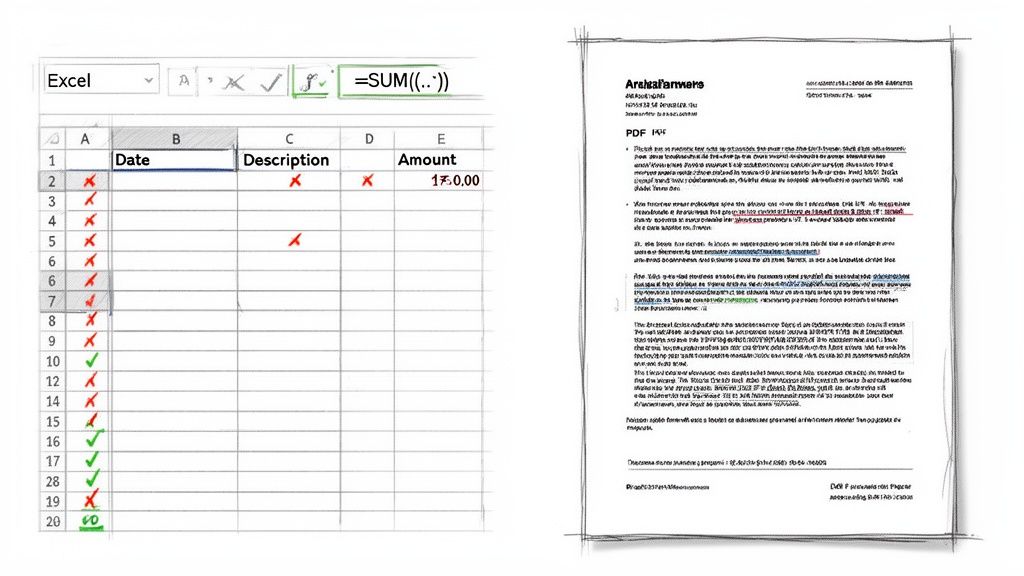 A side-by-side view of an Excel spreadsheet with financial data and a scanned bank statement document.