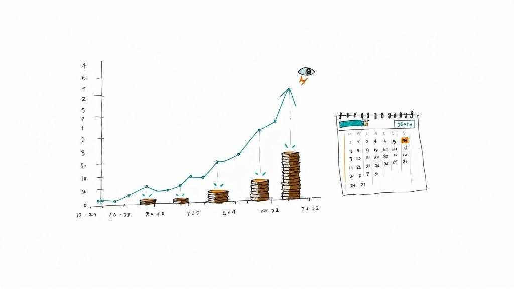 Hand-drawn chart illustrates financial growth over time, with rising coin stacks and a calendar for planning.