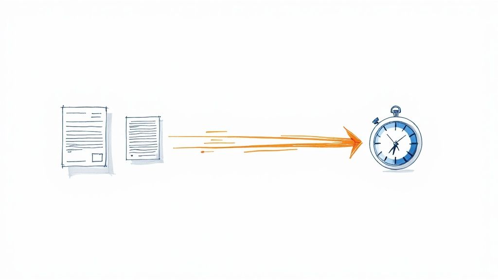 Sketched illustration showing two documents quickly moving via an arrow towards a stopwatch, symbolizing fast processing.