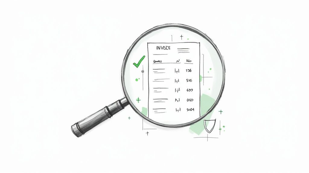 A magnifying glass examining a handwritten invoice with a green checkmark, symbolizing financial review and accuracy.