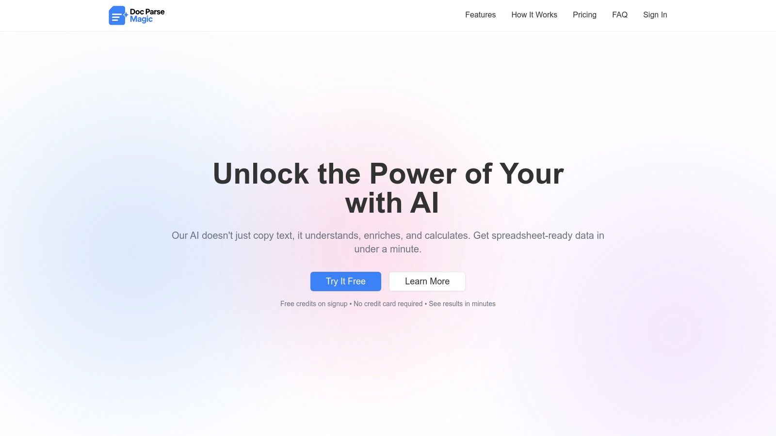 DocParseMagic interface showing a document being processed and data being extracted into a spreadsheet format.