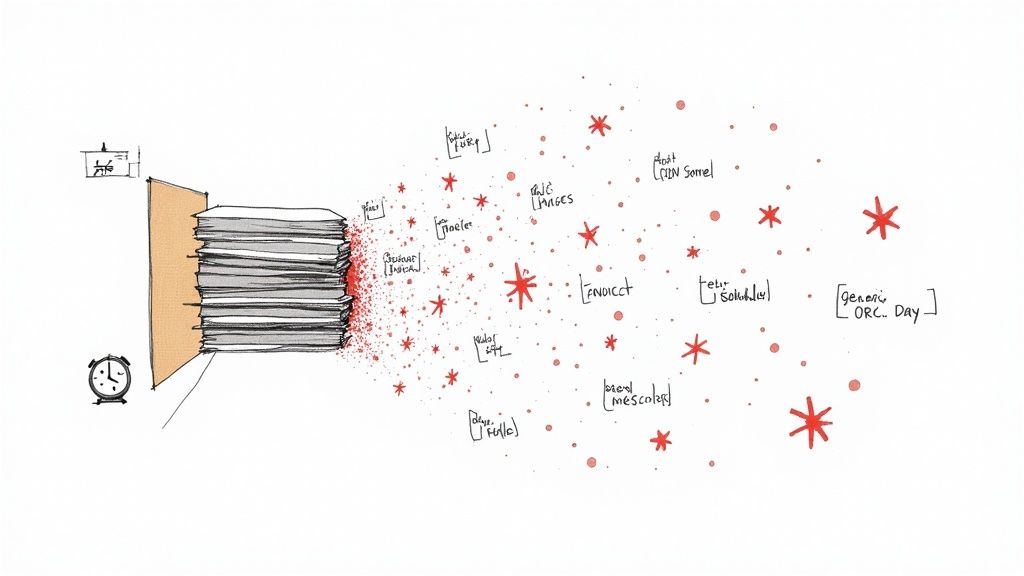 A person at a desk looking stressed while surrounded by stacks of invoices and paperwork, symbolizing manual data entry struggles.
