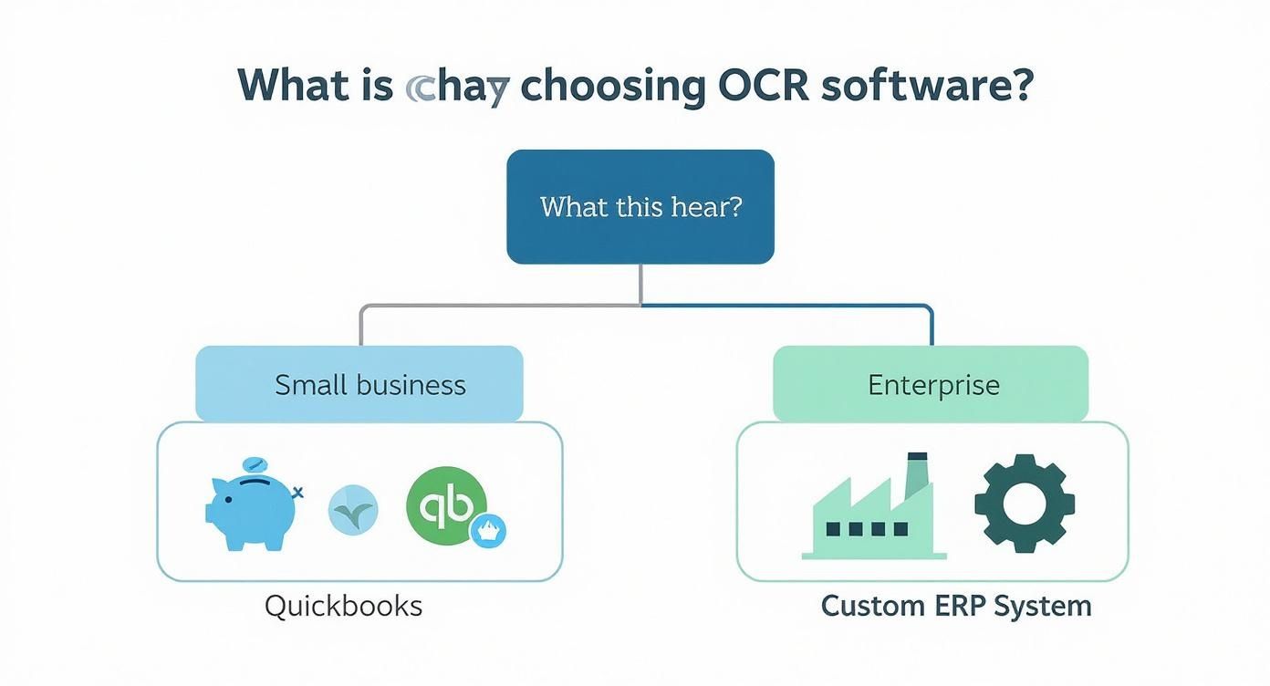 A decision tree infographic showing that small businesses often integrate OCR software with QuickBooks, while enterprise-level businesses integrate with custom ERPs.