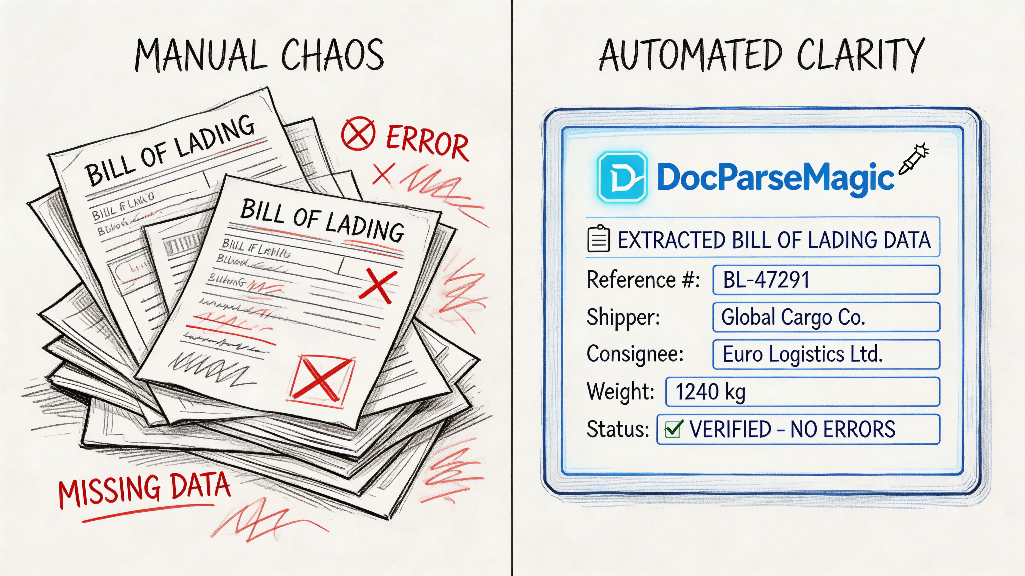 A comparison between manual bill of lading processing error and automated document data extraction software efficiency.
