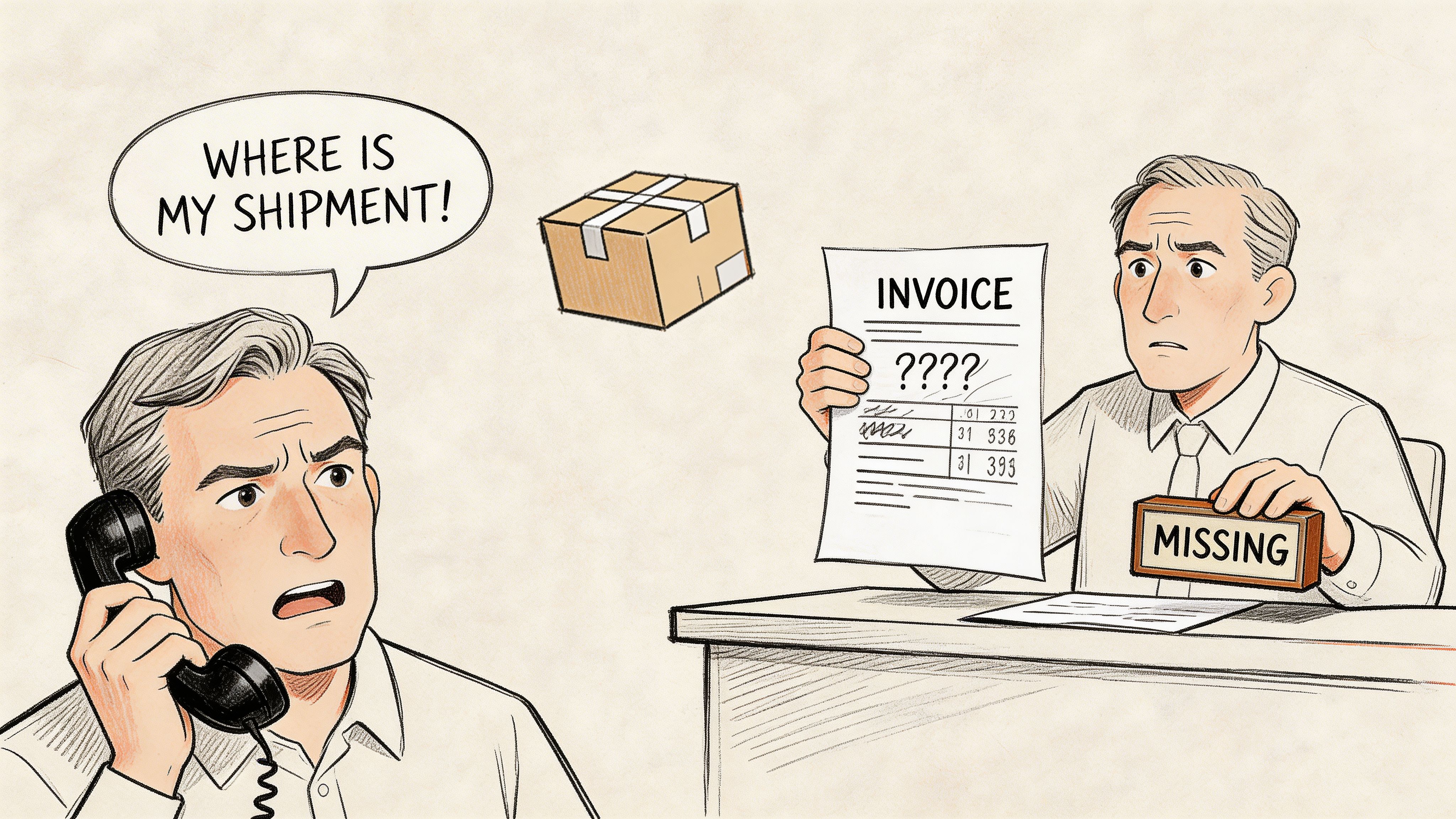 A man on the phone asks about a missing shipment while an employee reviews an incomplete invoice.