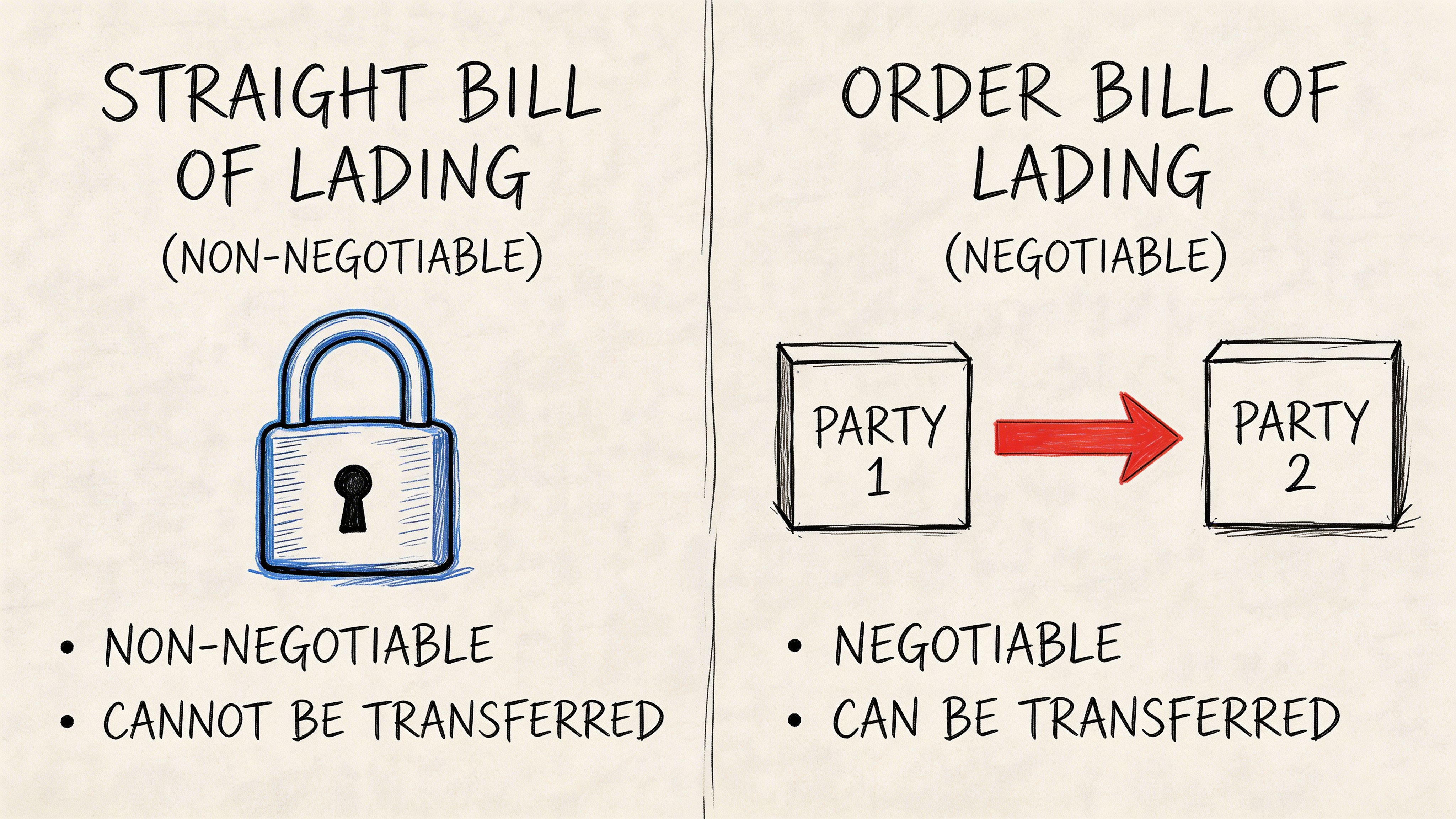 A diagram comparing the characteristics of straight and order bills of lading for shipping and logistics.