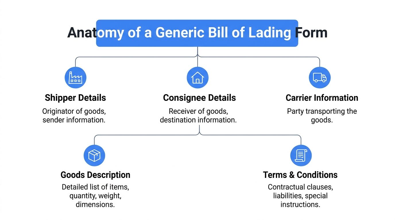 A diagram outlining the five key components of a generic bill of lading form for logistics.