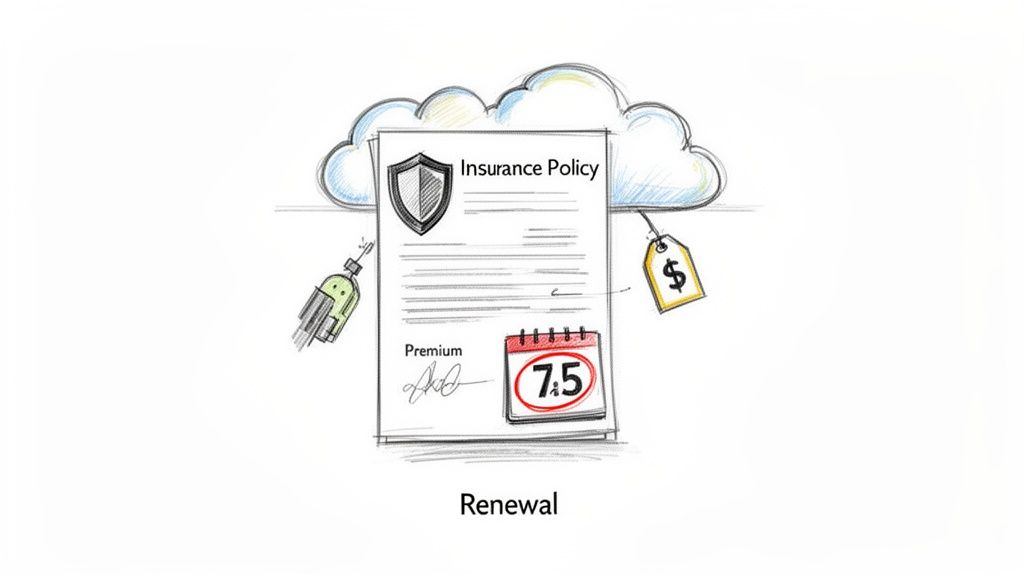 A sketch illustrating the digital renewal process of an insurance policy with a cloud, calendar, and price tag.