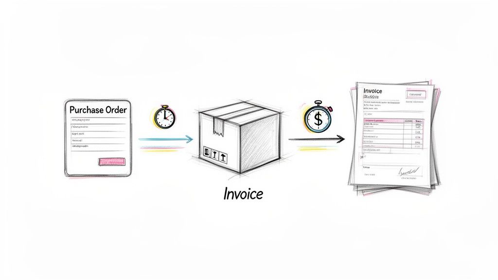 Illustration of a business process flow from purchase order to invoice, including product delivery.