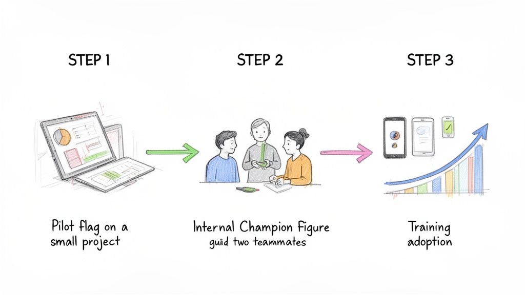 A three-step diagram illustrates a pilot project, an internal champion guiding teammates, leading to increased training adoption.