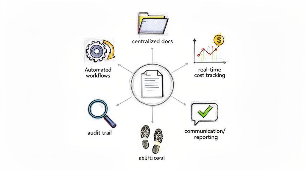 Diagram illustrates document management features: automated workflows, centralized docs, cost tracking, communication, and audit trail.