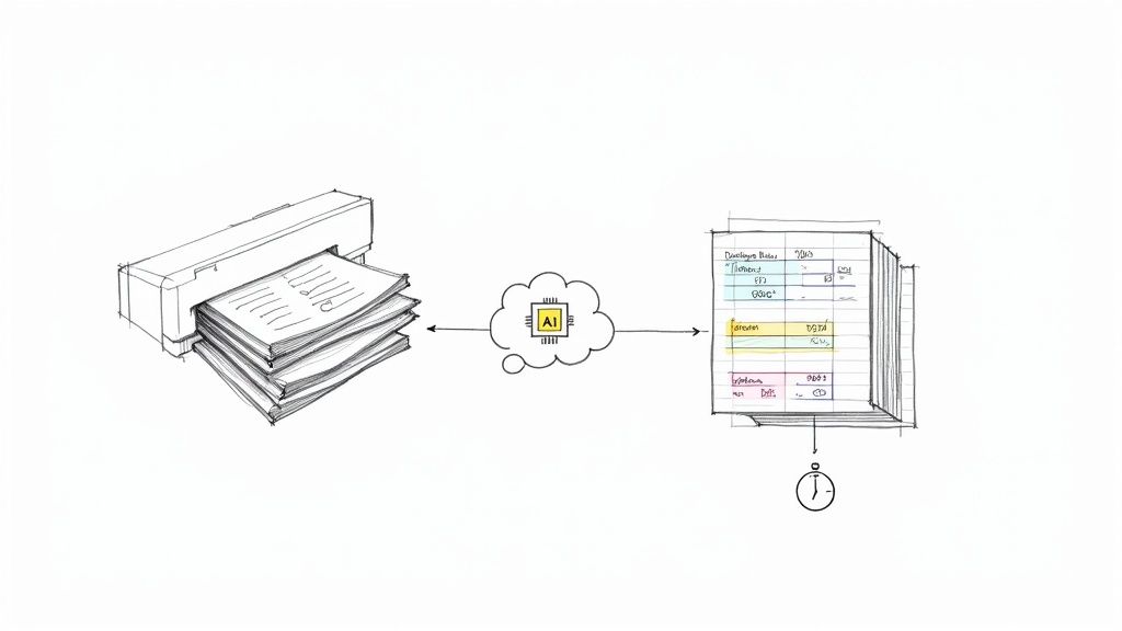 An abstract image showing data being processed and organized automatically by AI
