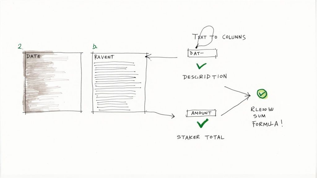 A person organizing data from a bank statement in an Excel spreadsheet
