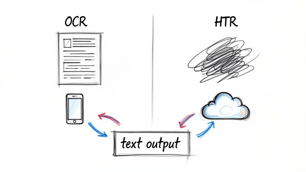 Diagram comparing OCR and HTR, illustrating how both convert different input types to text output.